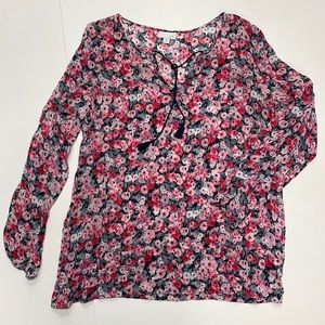 J. Jill // Floral Long Sleeve Blouse With Tie at Neck Key Hole Opening Sz Medium